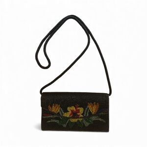 VINTAGE Beaded Floral Black Crossbody Bag